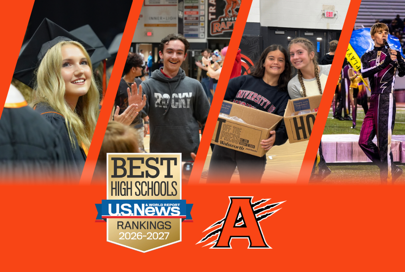 collage of anderson students with the U.S. news and world report best high schools 2026-2027 badge and the anderson "a" logo with claw marks